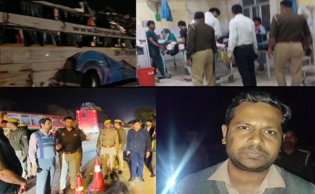 मथुरा : डबल डेकर बस डिवाइडर से टकराकर पलटी, एक बच्चे सहित तीन की मौत, छह गंभीर