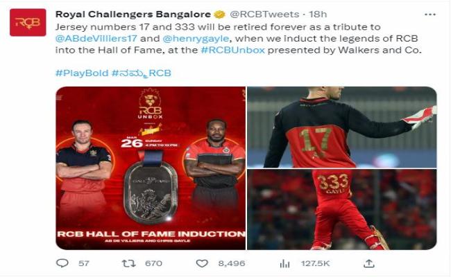एबी डिविलियर्स, क्रिस गेल द्वारा पहने जाने वाले जर्सी नंबर 17 और 333 को रिटायर करेगी आरसीबी