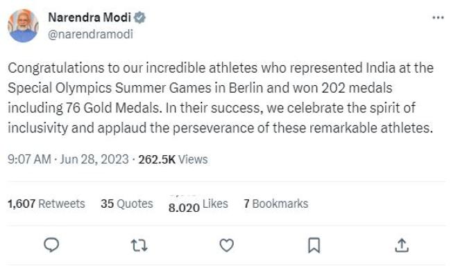 पीएम मोदी ने विशेष ओलंपिक ग्रीष्मकालीन खेलों में पदक जीतने वाले एथलीटों को दी बधाई